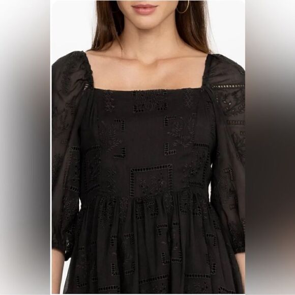 NWT- JOHNNY WAS- ELLA SILK COTTON MINI DRESS BLACK EYELET PUFF SLEEVES, Size XL - Picture 6 of 16